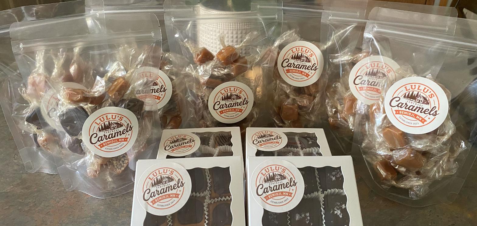 Lulu's caramel bags and chocolate-covered gift boxes